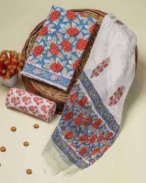 Blue Jaal Print Cotton Suit Set with Chiffon Dupatta (PCHF108)