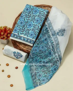 Blue Jaal Print Cotton Suit Set with Chiffon Dupatta (PCHF184)