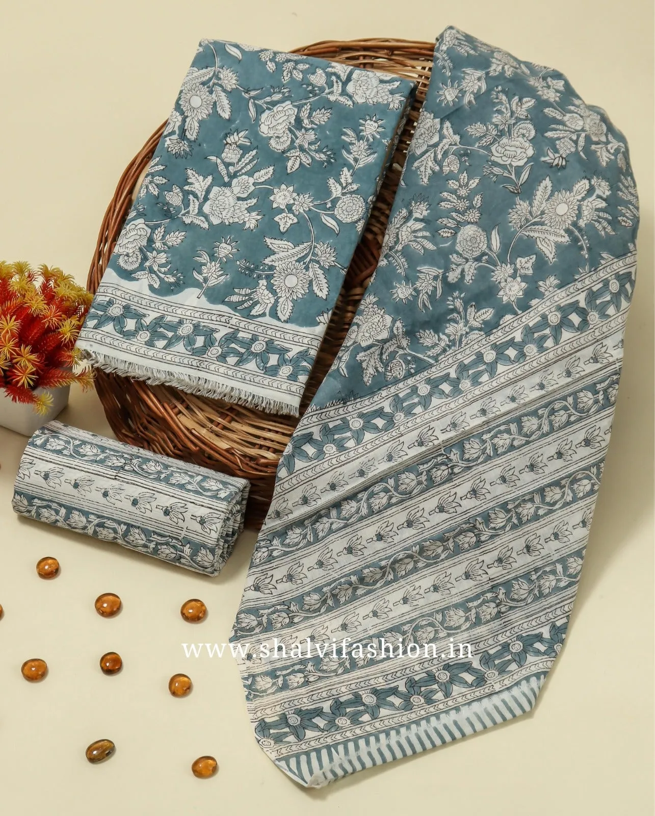 Blue Jaal Print Cotton Suit Set with Mulmul Dupatta (PRMUL225)