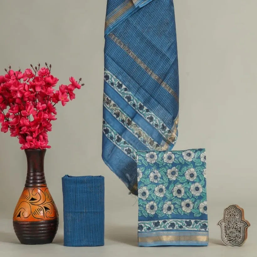 Stunning Blue Jaal Printed Maheshwari Silk Suit Set - MSL368