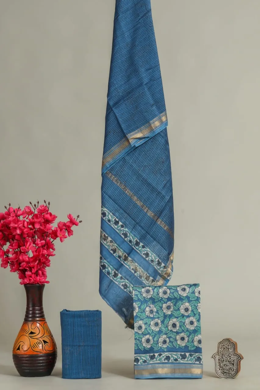 Stunning Blue Jaal Printed Maheshwari Silk Suit Set - MSL368