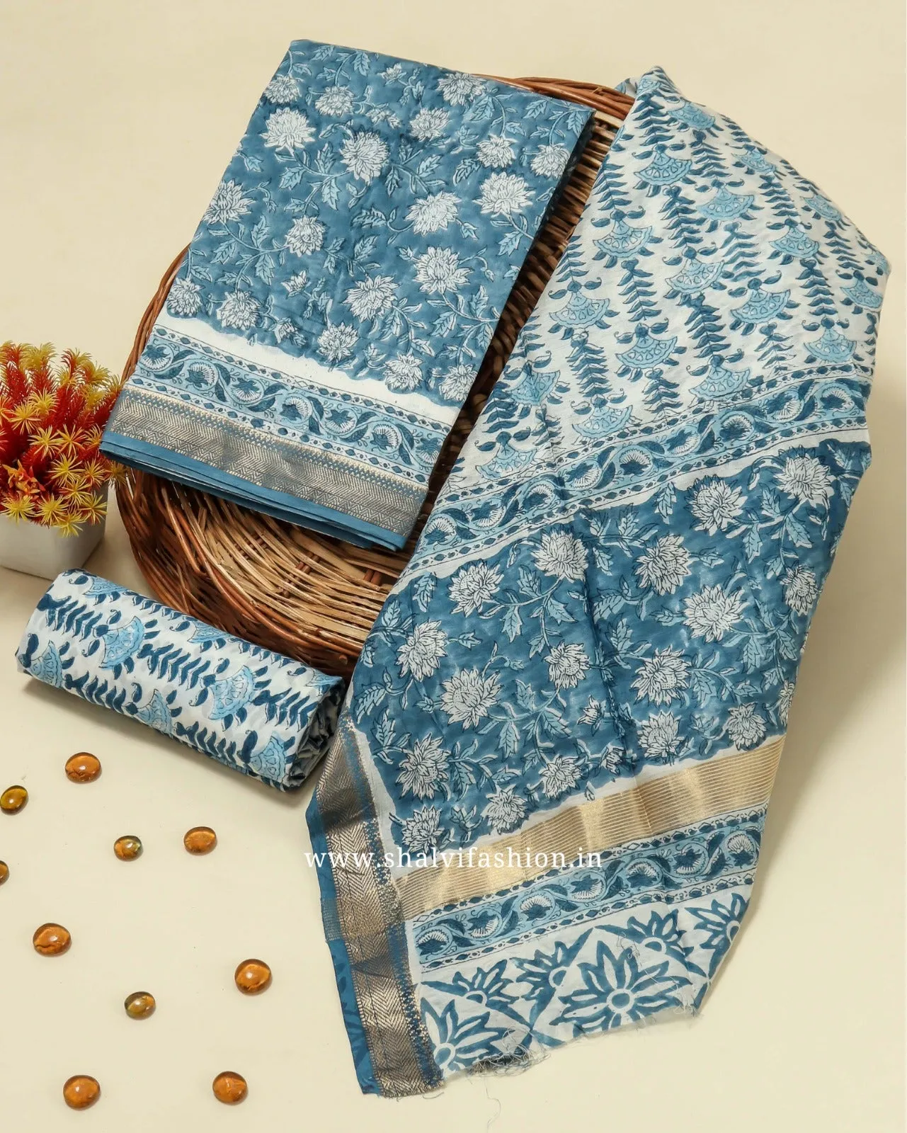 Blue Jaal Print Maheshwari Silk Suit Set (MSL474)