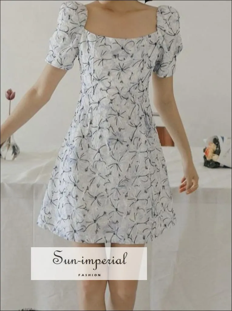 Blue Vintage Square Collar Embroidered Floral A-line Short Sleeve Mini Dress