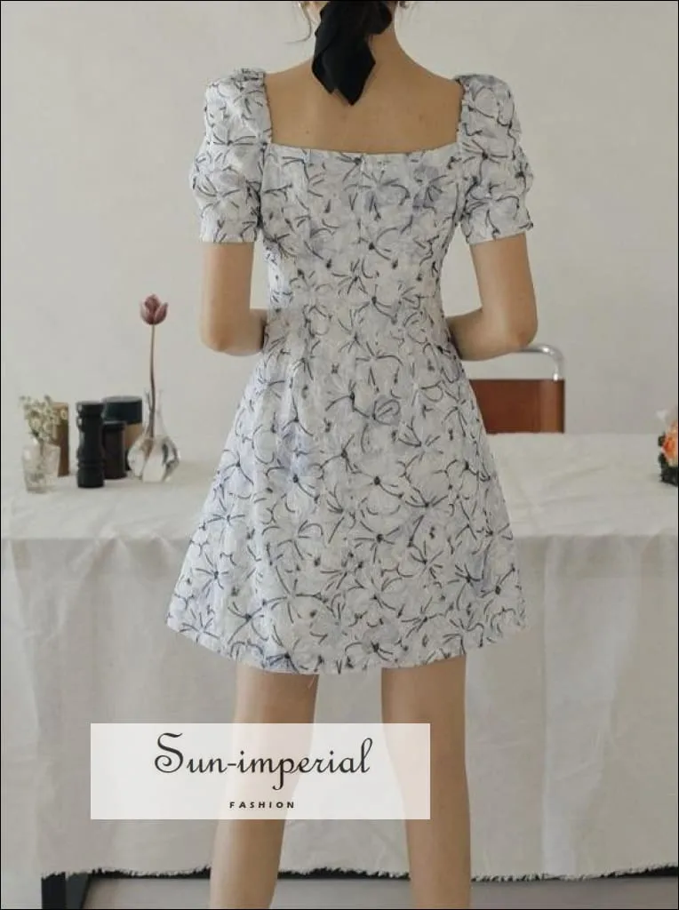 Blue Vintage Square Collar Embroidered Floral A-line Short Sleeve Mini Dress