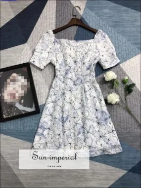 Blue Vintage Square Collar Embroidered Floral A-line Short Sleeve Mini Dress