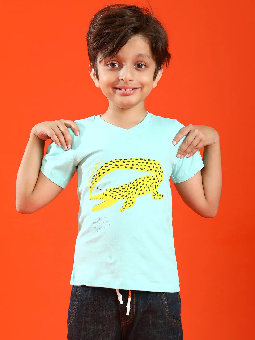 Boys Aqua 100% Cotton Printed T-shirt