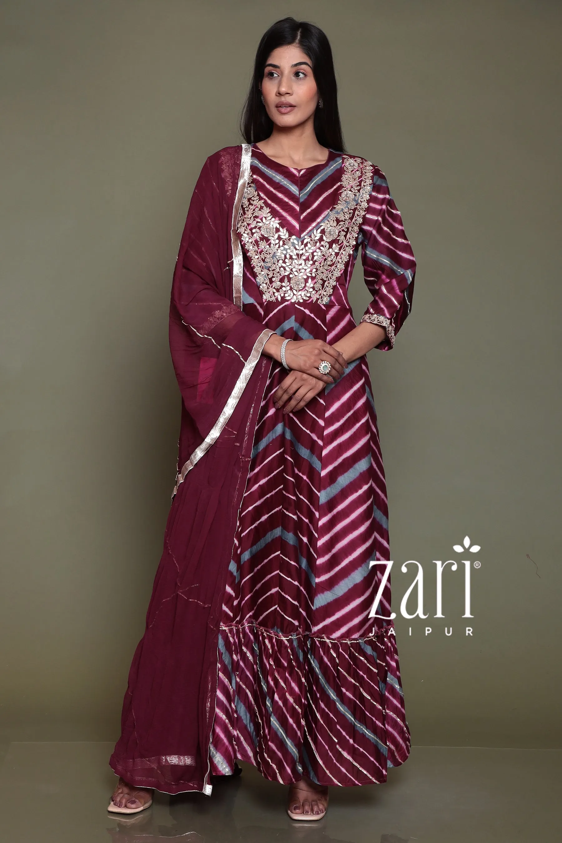 Chanderi silk  Leheriya Suit with Aari, Gota Patti, Sequins, Thread, Zardozi work.