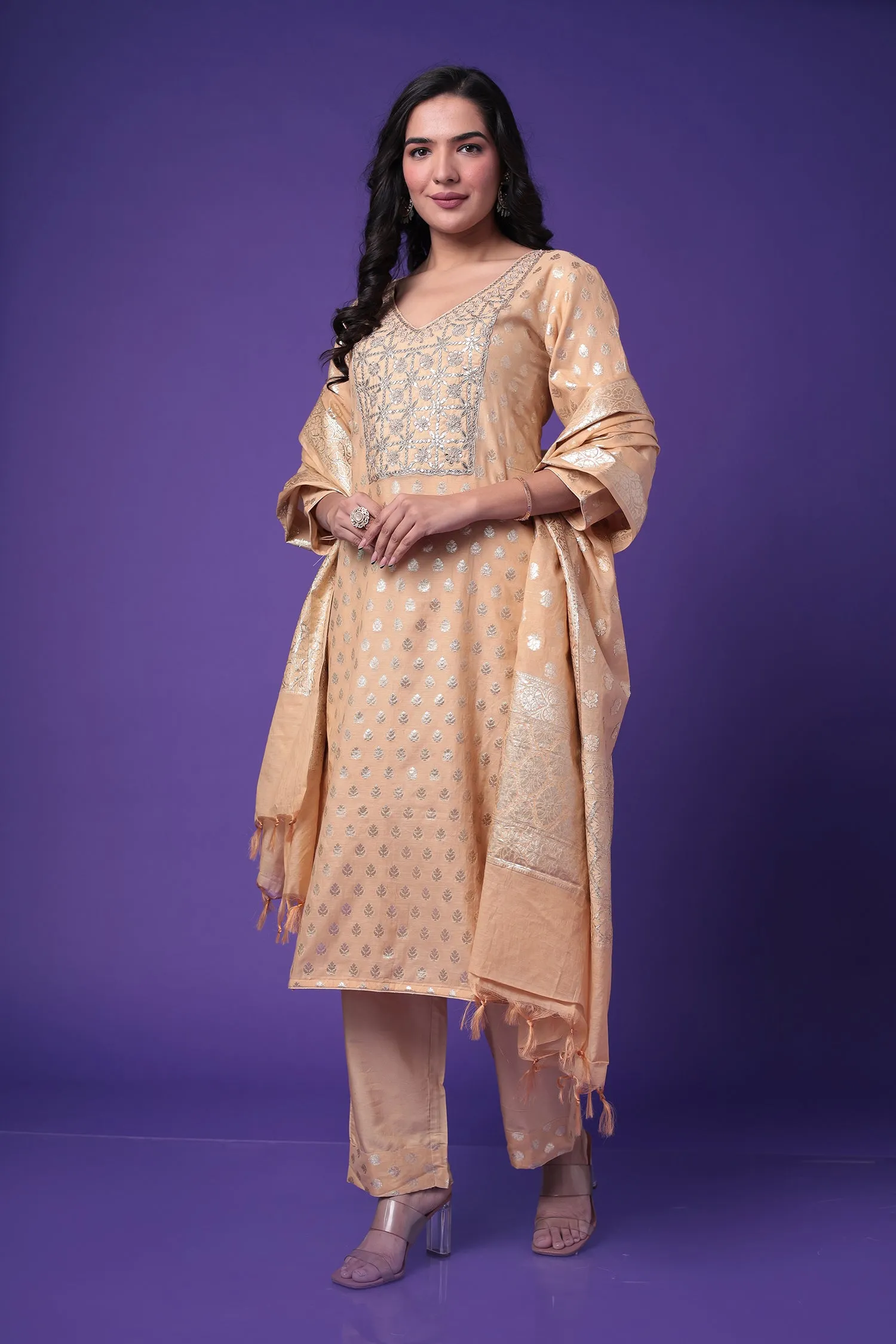 Chanderi Straight Suit with Dori and Embroidered work