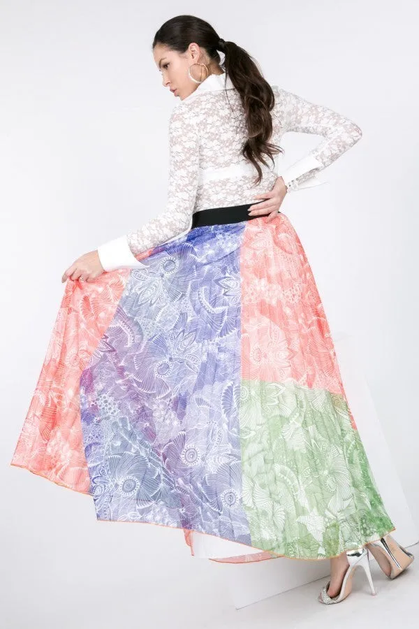 Color Block Pleated Maxi Skirt