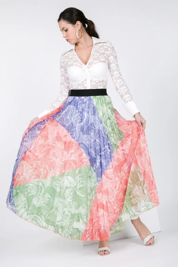 Color Block Pleated Maxi Skirt