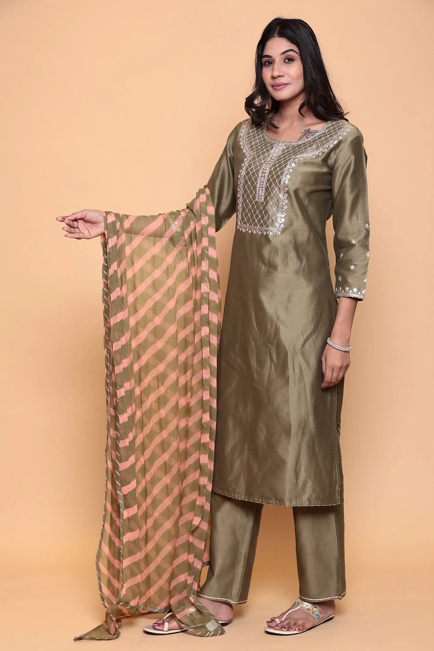 Cotton silk Suit with Pittan work.