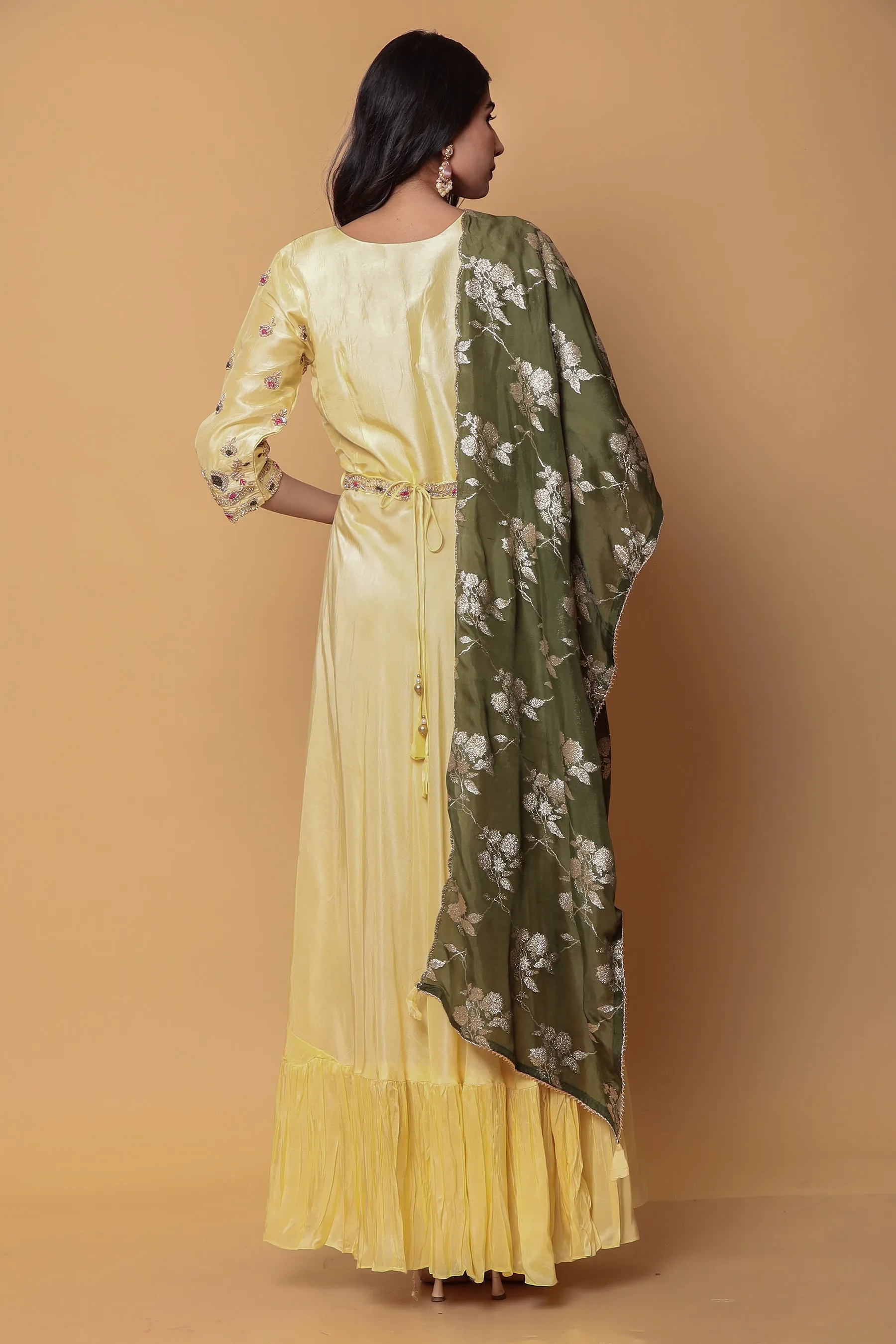 Crepe silk Suit with Aari, Sequins, Thread, Zardozi work.