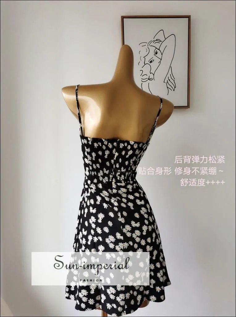 daisy print, florl print, flower printBlack Floral Cami Mini Derss Sweetheart Neckline Tie front Daisy Print Mini Dress