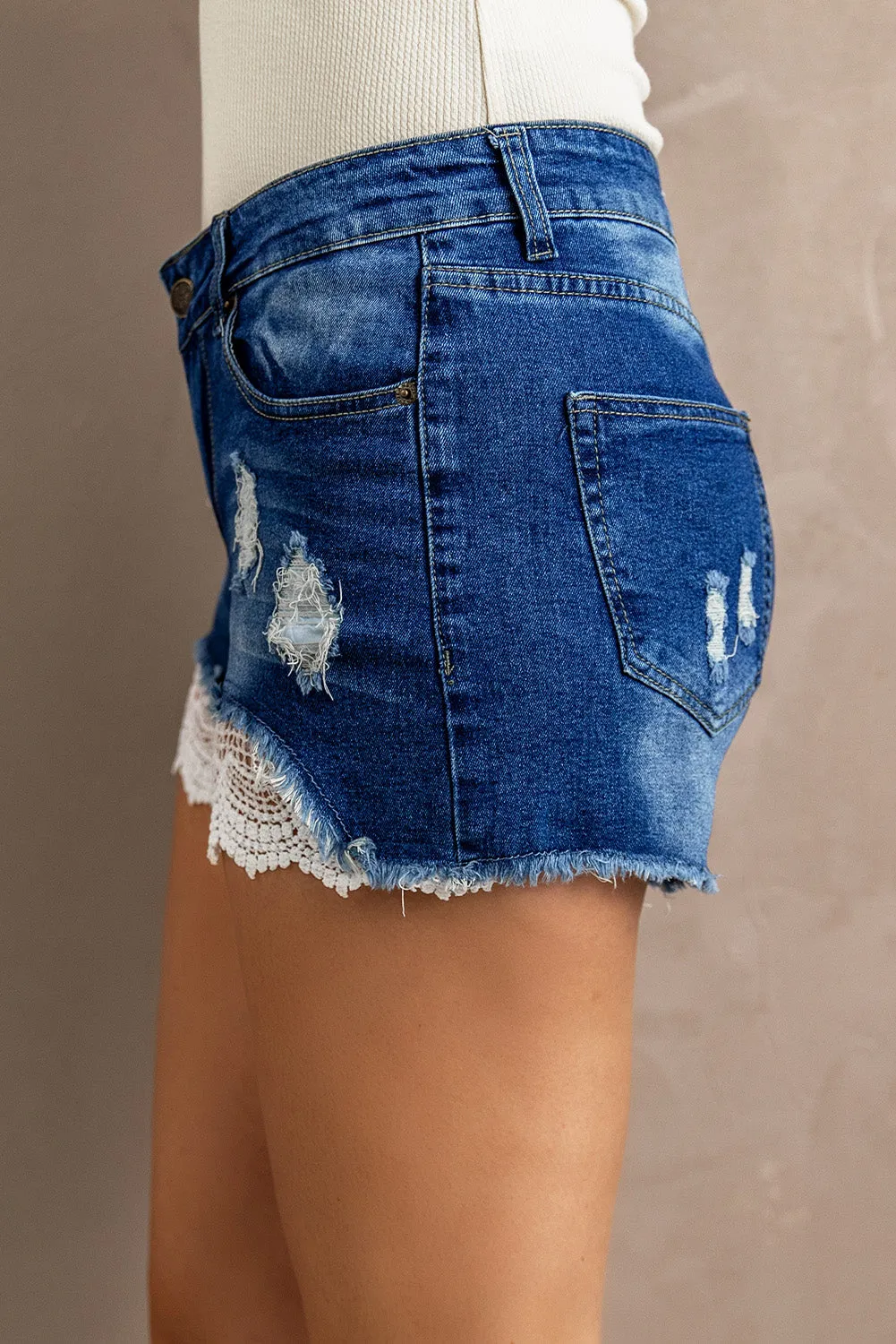 Denim Shorts for Women Ripped Short Jeans Lace Splicing Distressed Denim Shorts