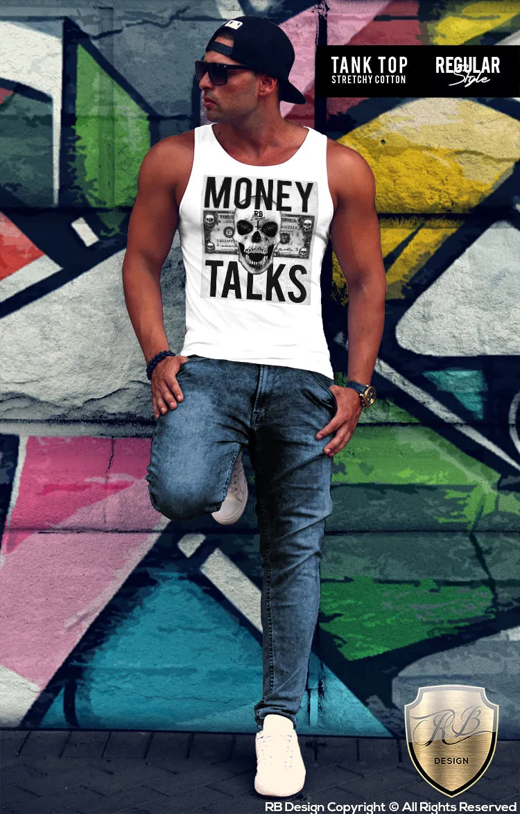 Designer Skull Mens T-shirt Money Talks Dollar Bill Tank Top MD669 Black