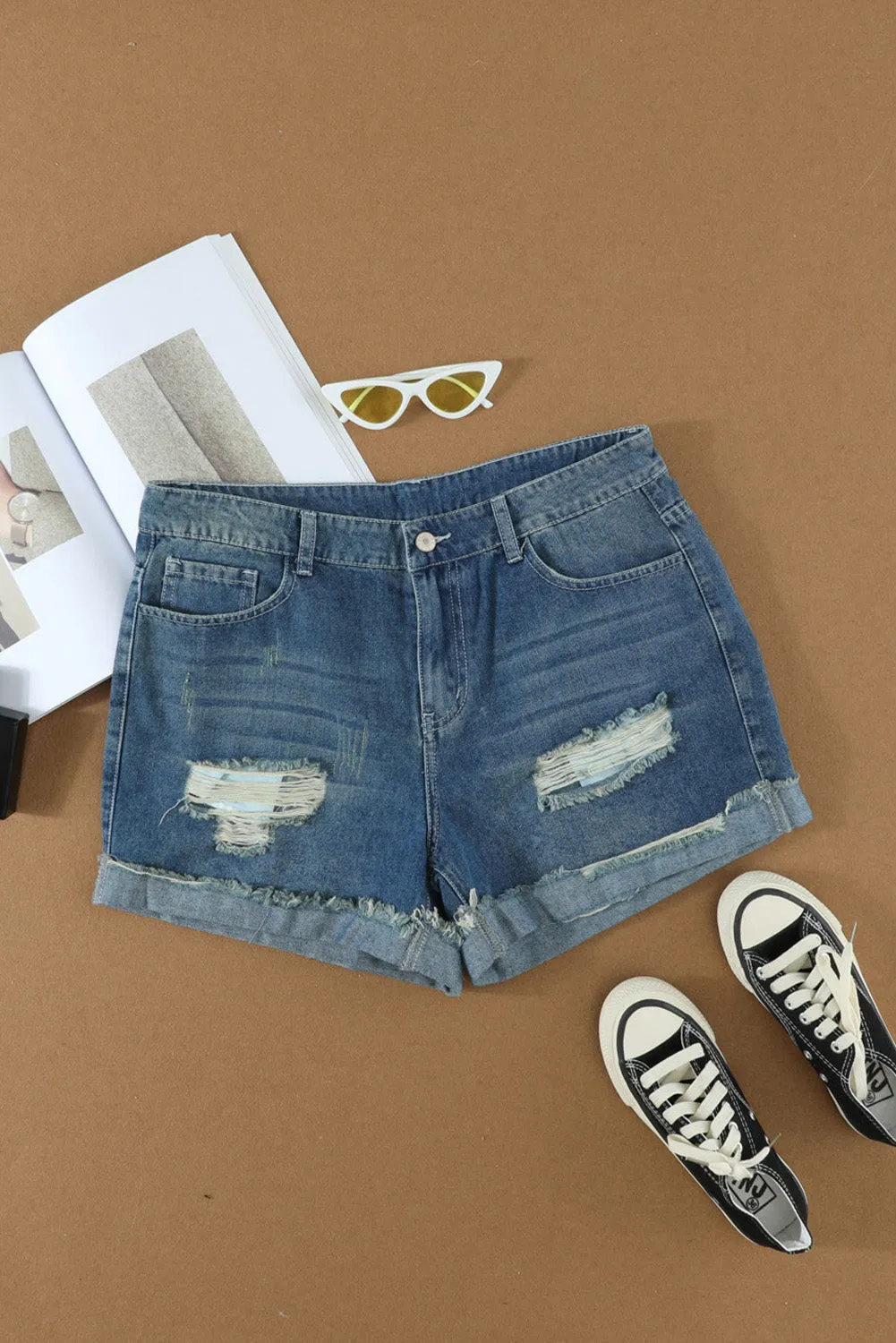 Distressed Ripped Rolled Hem Denim Shorts