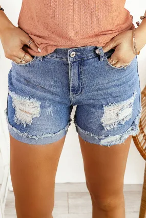 Distressed Ripped Rolled Hem Denim Shorts