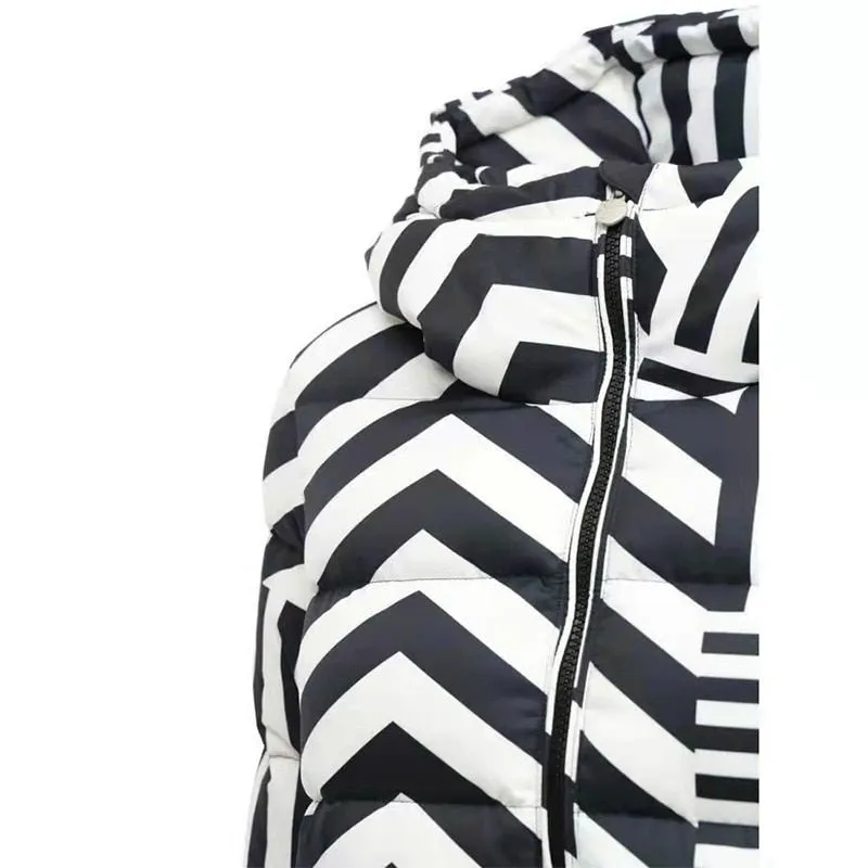 Down Jacket Winter Black And White Stripes Coat Hooded Fashion Design Down Jackets Parka Women's Short Jackets