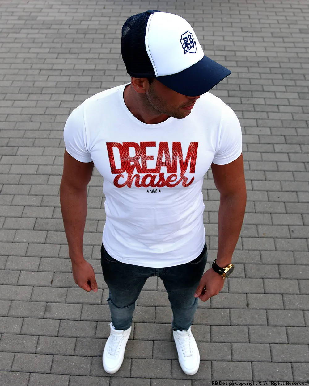 Dream Chaser Mens White T-shirt Slim Fit Motivation Tee MD877