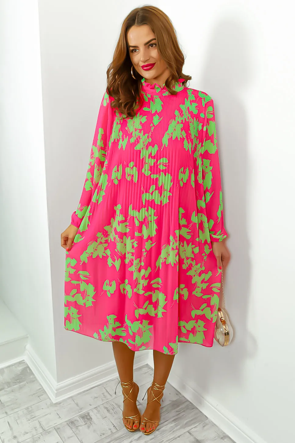 Feeling Feisty - Pink Lime Floral Pleated Midi Dress