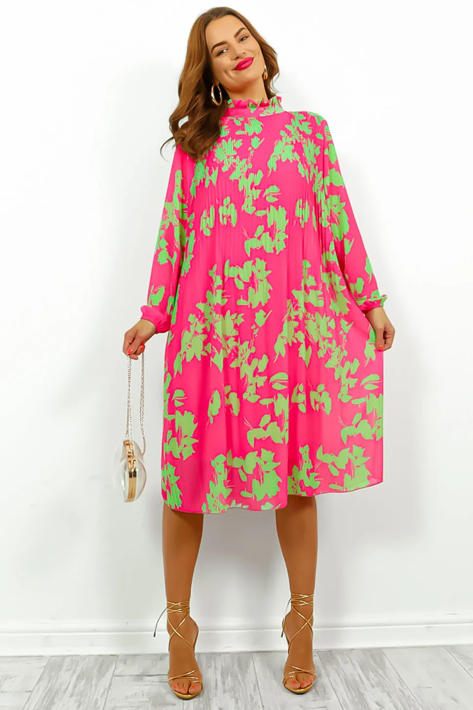 Feeling Feisty - Pink Lime Floral Pleated Midi Dress