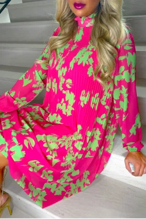 Feeling Feisty - Pink Lime Floral Pleated Midi Dress