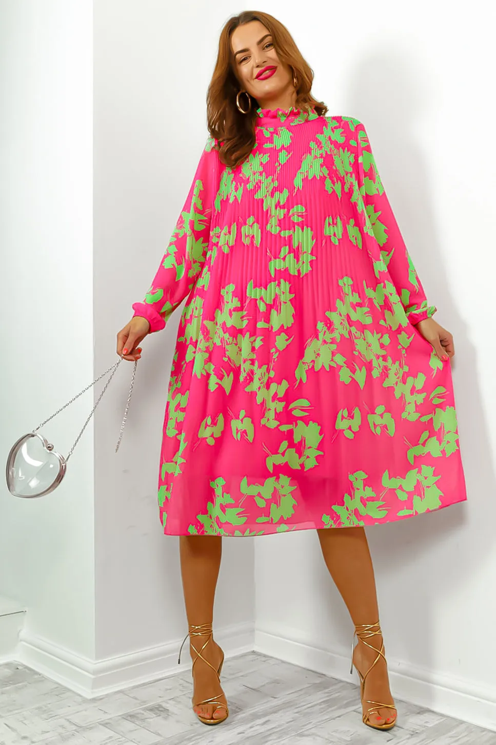 Feeling Feisty - Pink Lime Floral Pleated Midi Dress