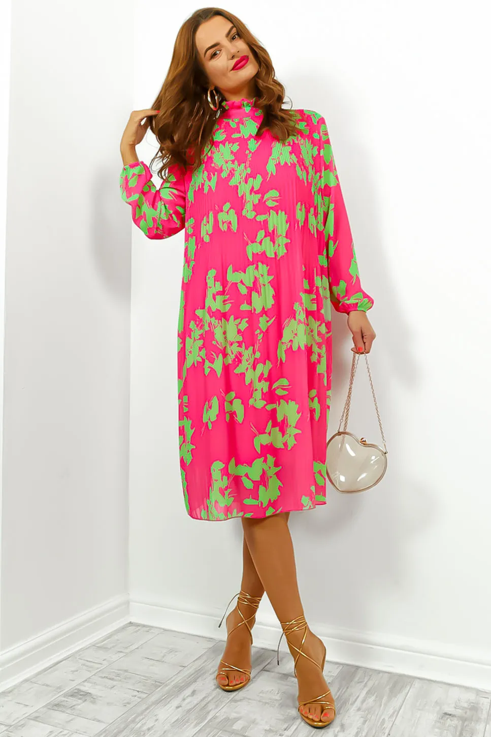 Feeling Feisty - Pink Lime Floral Pleated Midi Dress