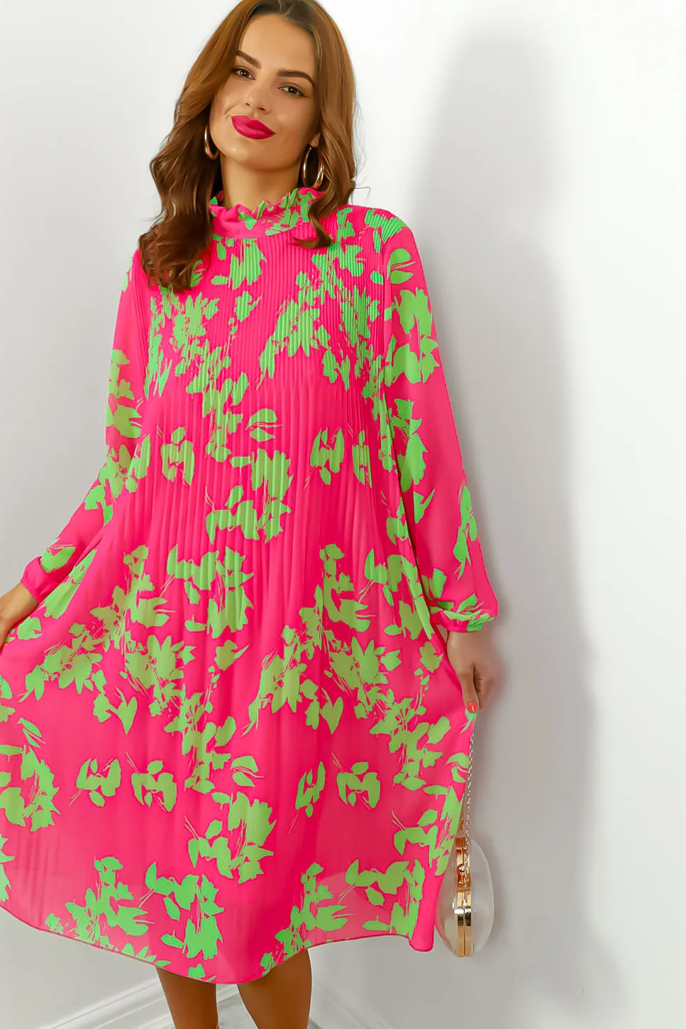 Feeling Feisty - Pink Lime Floral Pleated Midi Dress