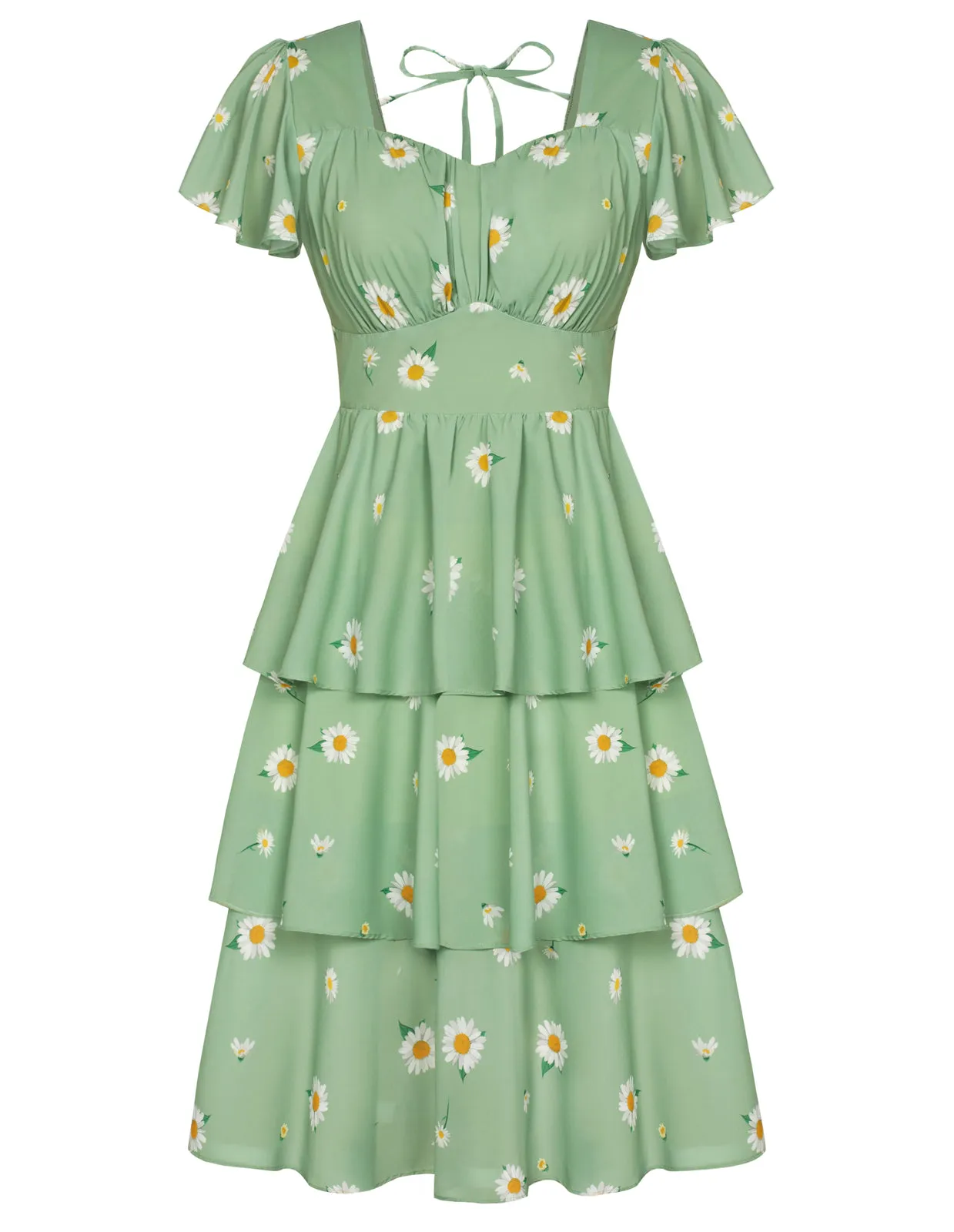 Floral Print Square Neck Tiered Ruffle Dress 2023 Summer Vintage A-line Swing Midi Dress