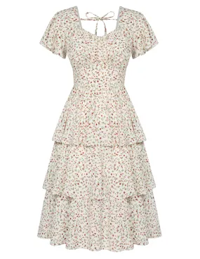 Floral Print Square Neck Tiered Ruffle Dress 2023 Summer Vintage A-line Swing Midi Dress