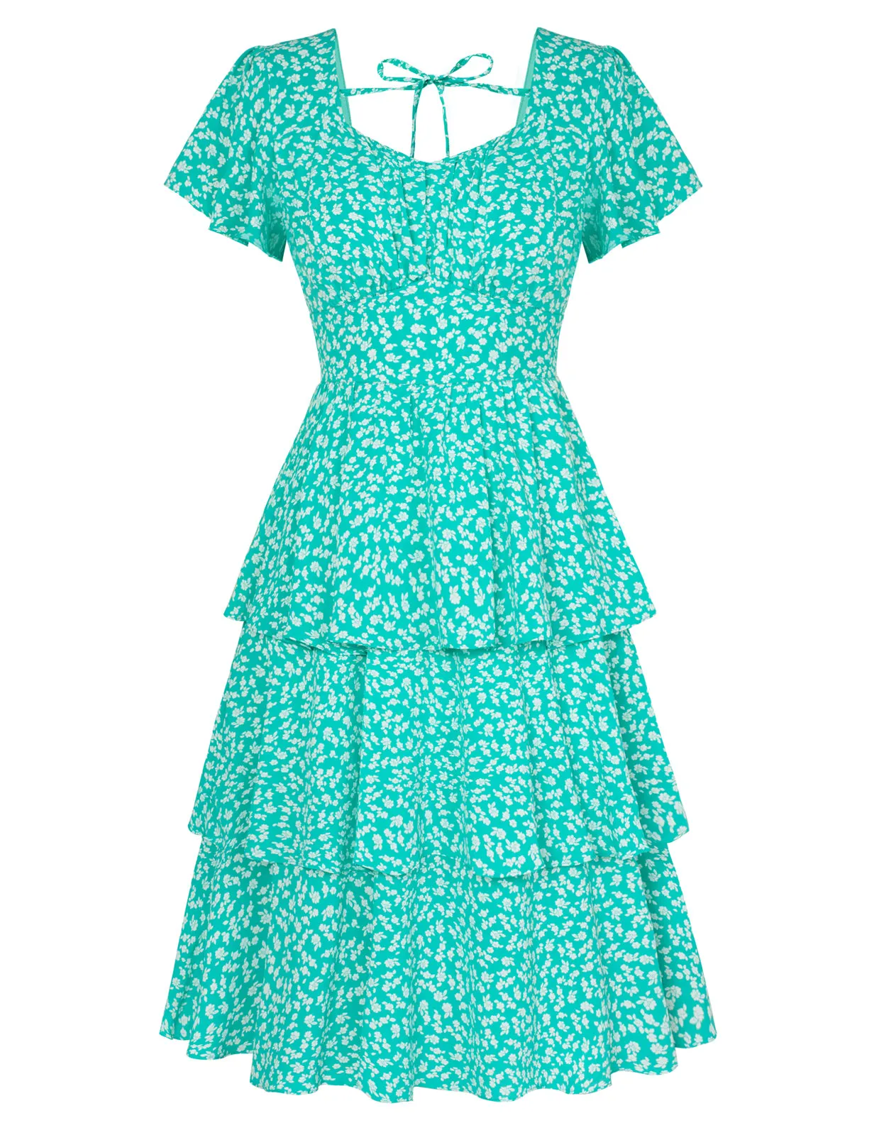 Floral Print Square Neck Tiered Ruffle Dress 2023 Summer Vintage A-line Swing Midi Dress