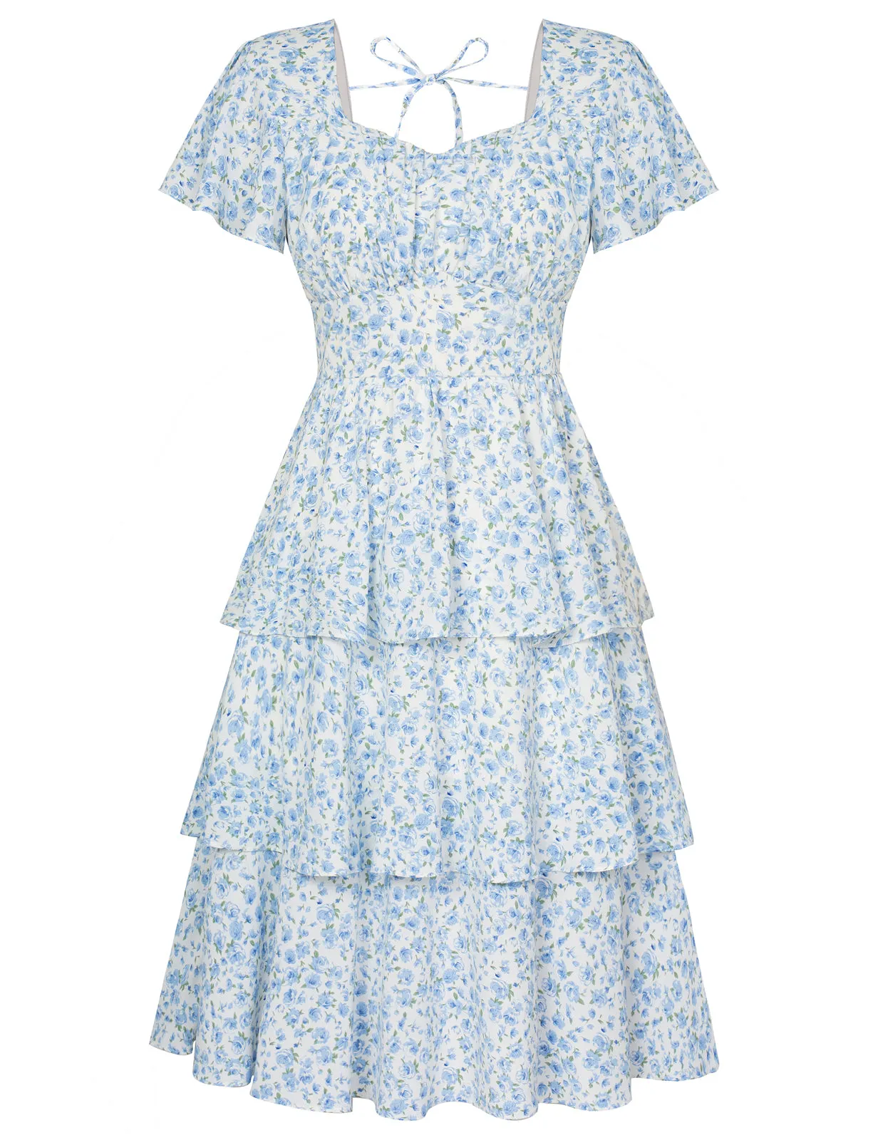 Floral Print Square Neck Tiered Ruffle Dress 2023 Summer Vintage A-line Swing Midi Dress