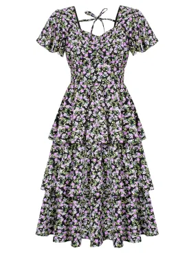 Floral Square Neck Tiered Ruffle Dress 2023 Summer Vintage A-line Swing Midi Dress