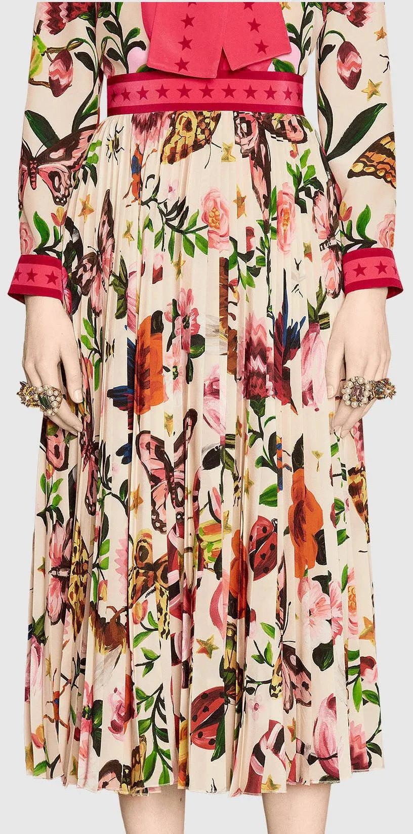 'Garden Exclusive' Printed Neck-Tie Blouse & Pleated Skirt in White