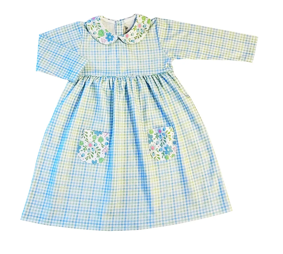 Girl's "Christina" Checkered Dress with Floral Pockets