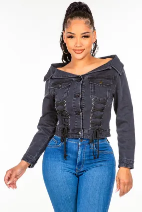 Just BE. American Bazi Off Shoulder Lace Up Denim Jacket