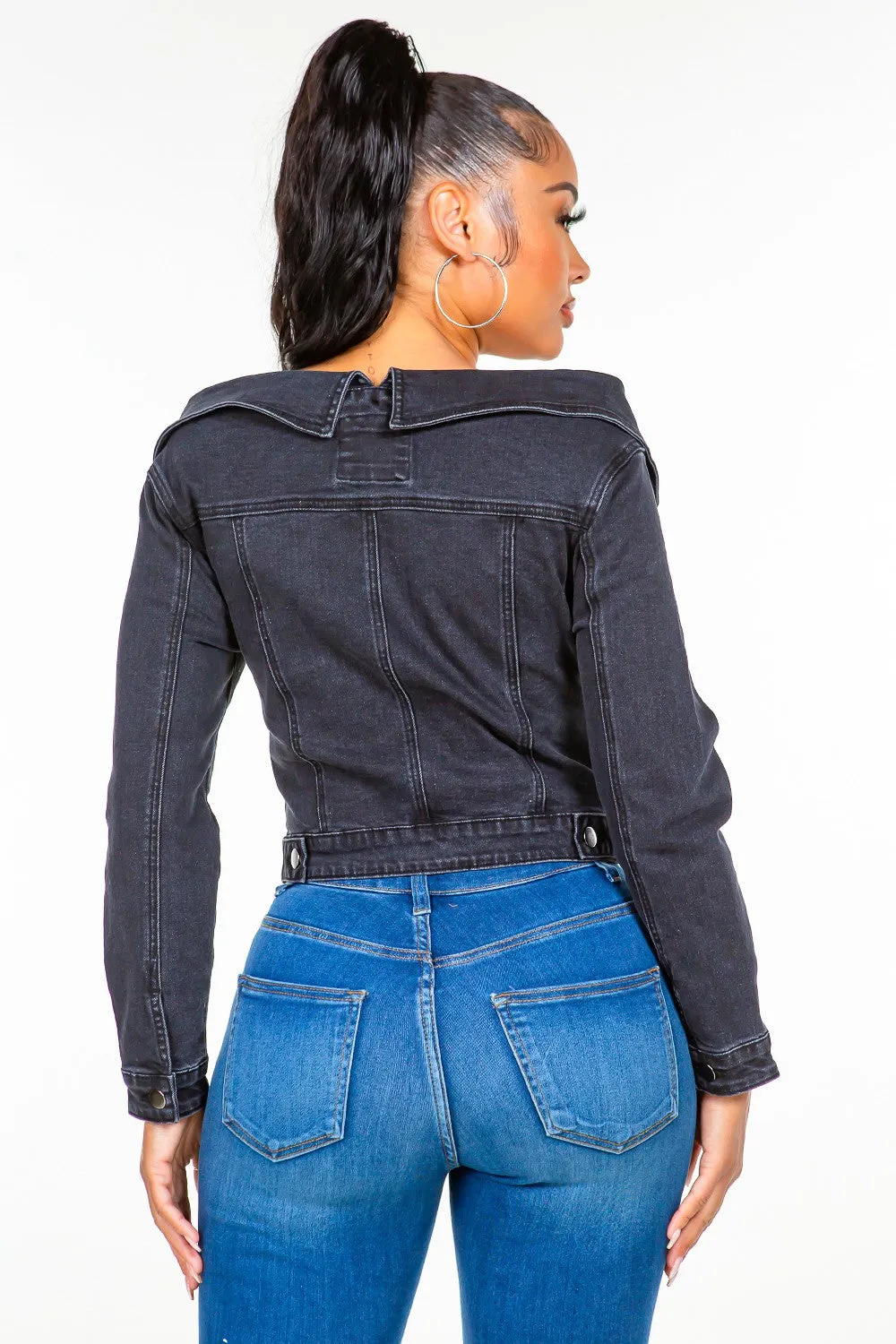 Just BE. American Bazi Off Shoulder Lace Up Denim Jacket