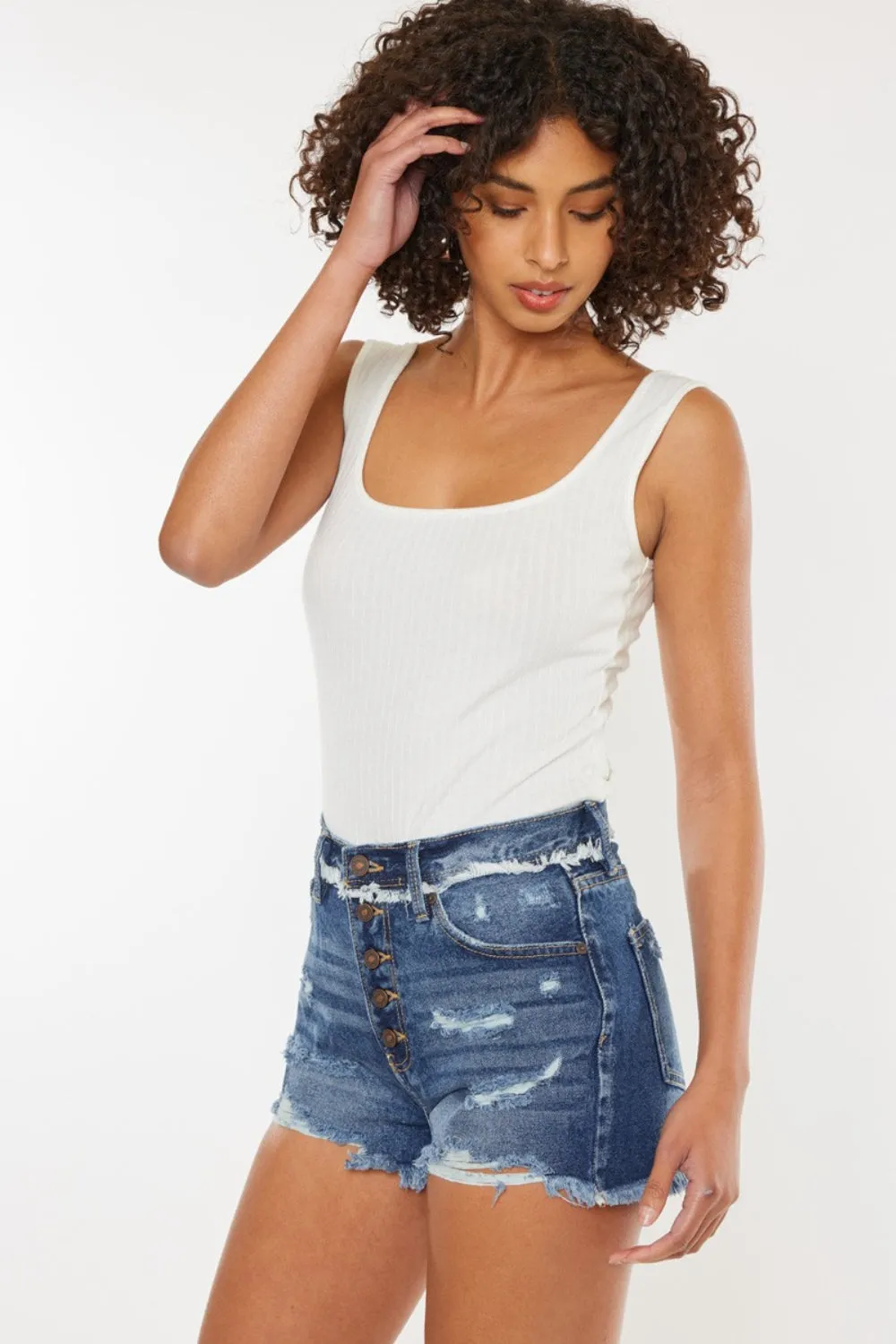 Just BE. Kady Distressed Button Fly Denim Shorts