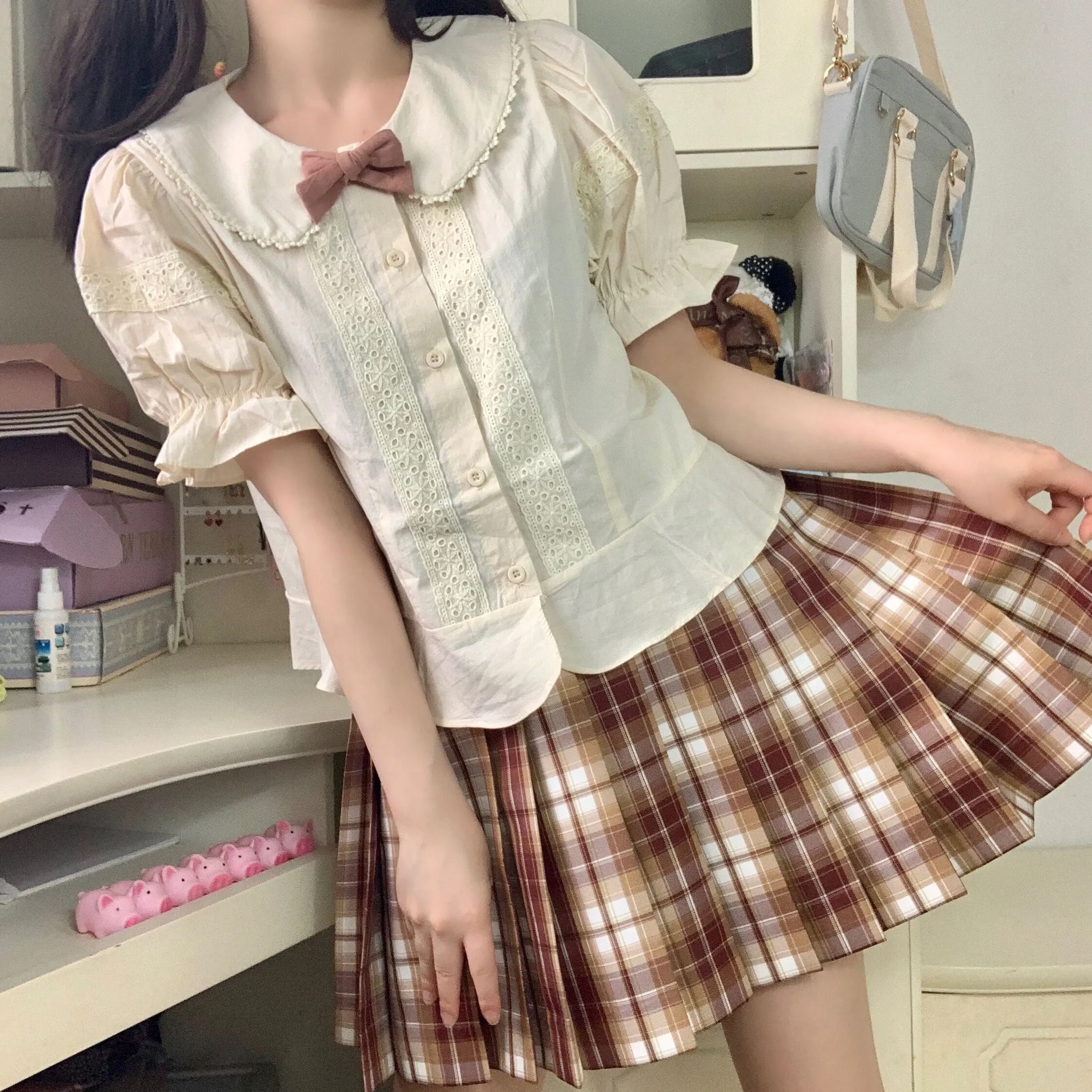 Kawaii Peter Pan Collar Eyelet Short Sleeve Lolita Blouse Shirt