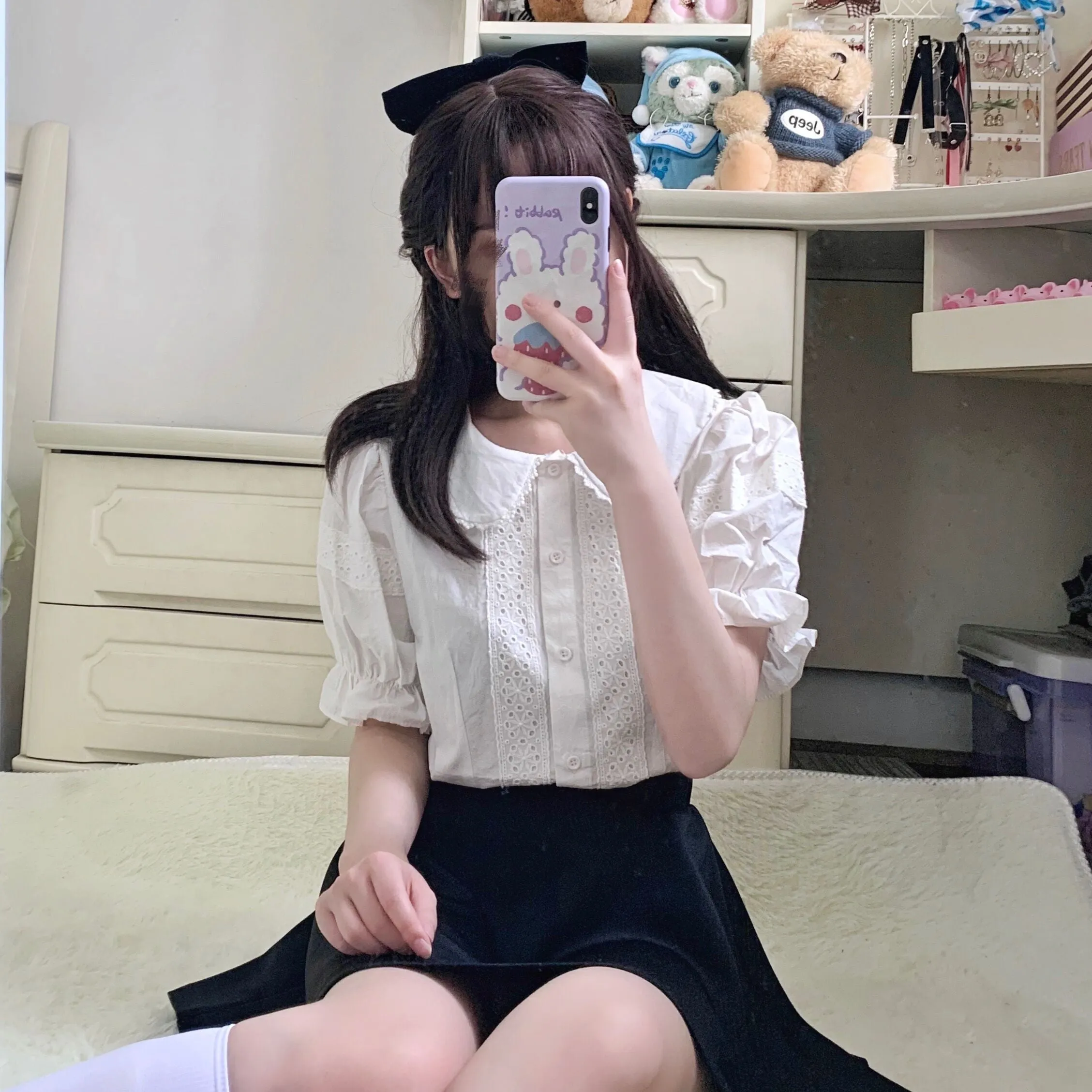 Kawaii Peter Pan Collar Eyelet Short Sleeve Lolita Blouse Shirt