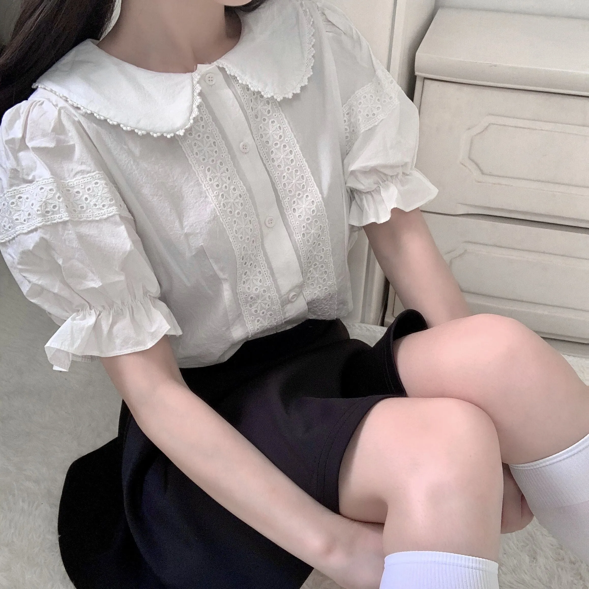 Kawaii Peter Pan Collar Eyelet Short Sleeve Lolita Blouse Shirt