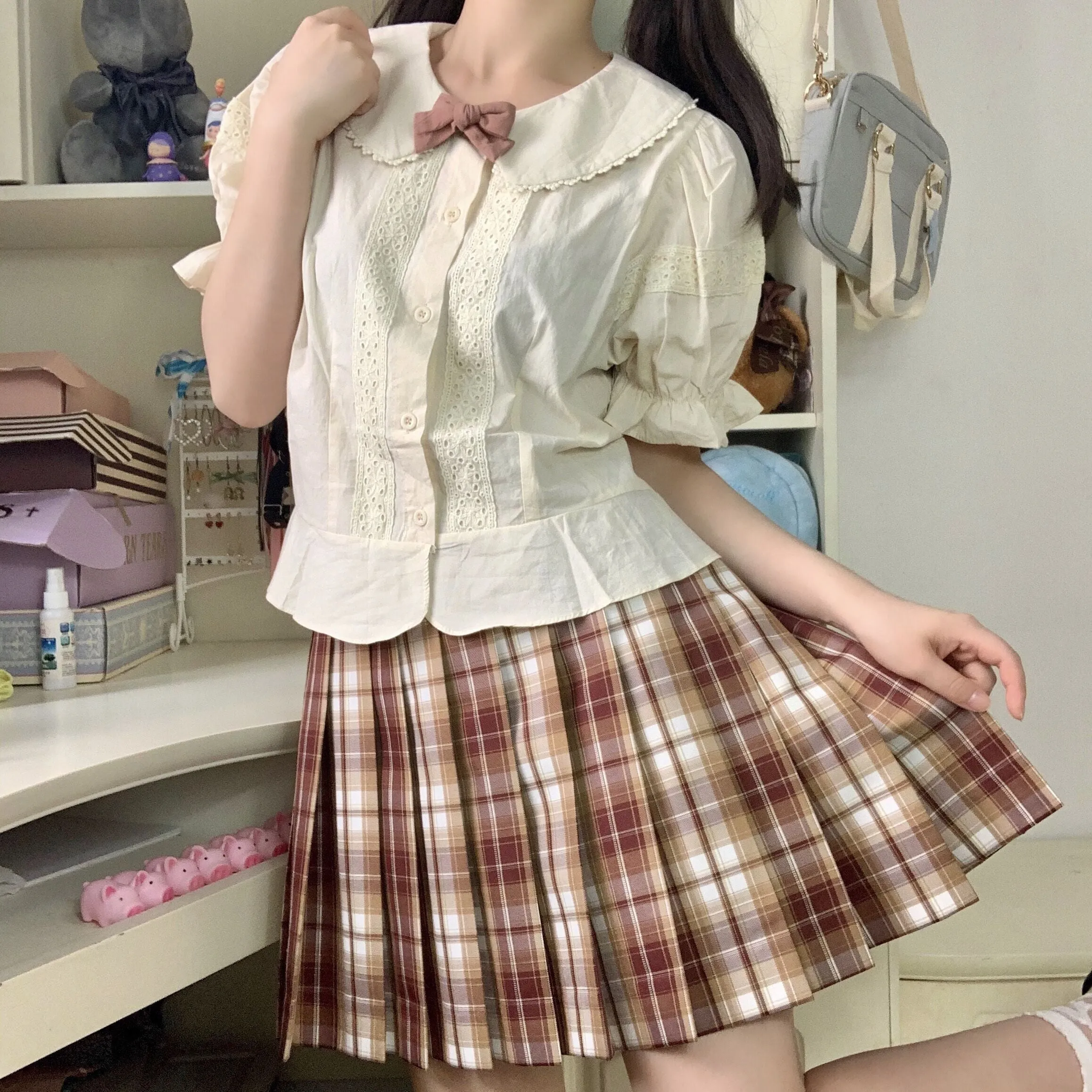 Kawaii Peter Pan Collar Eyelet Short Sleeve Lolita Blouse Shirt