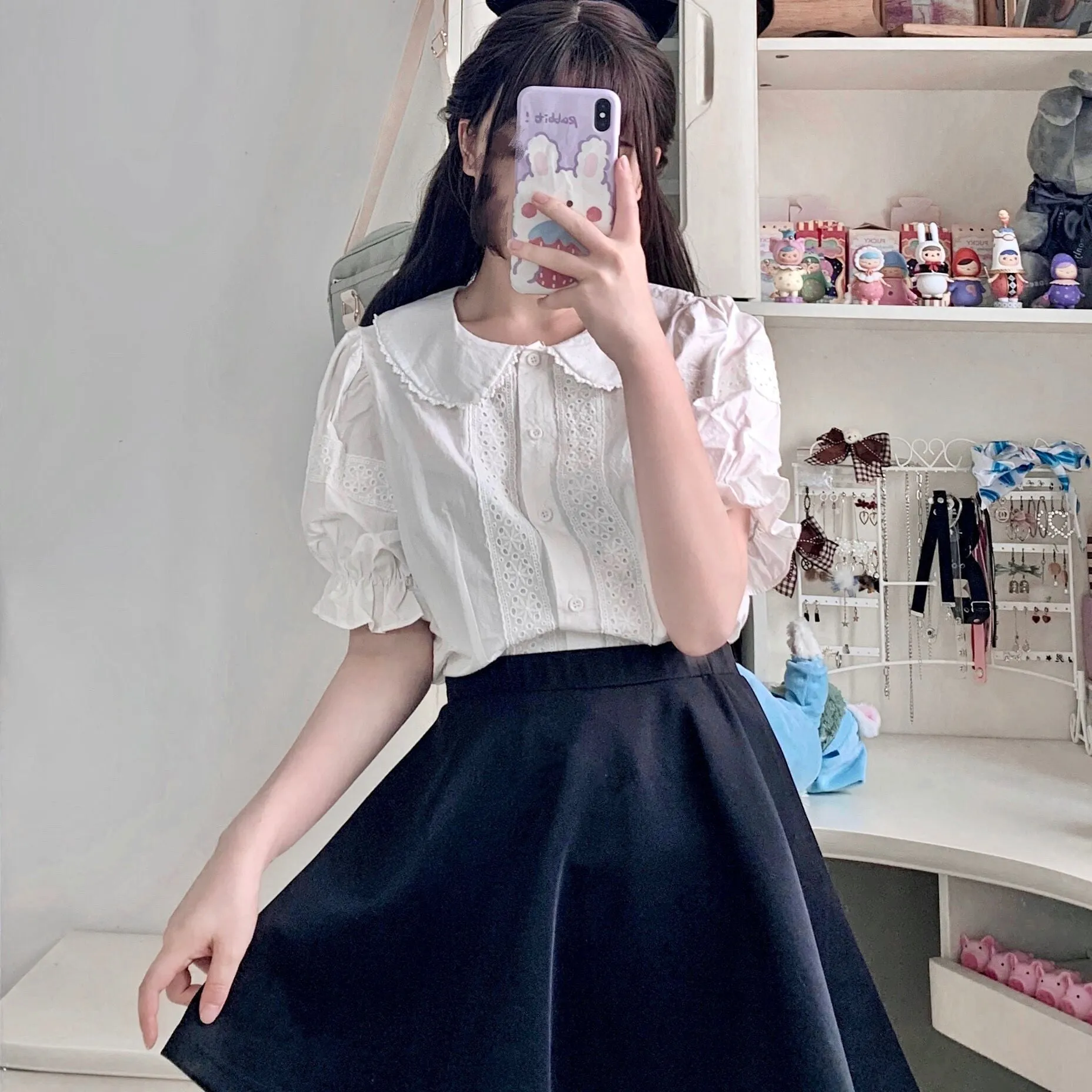 Kawaii Peter Pan Collar Eyelet Short Sleeve Lolita Blouse Shirt