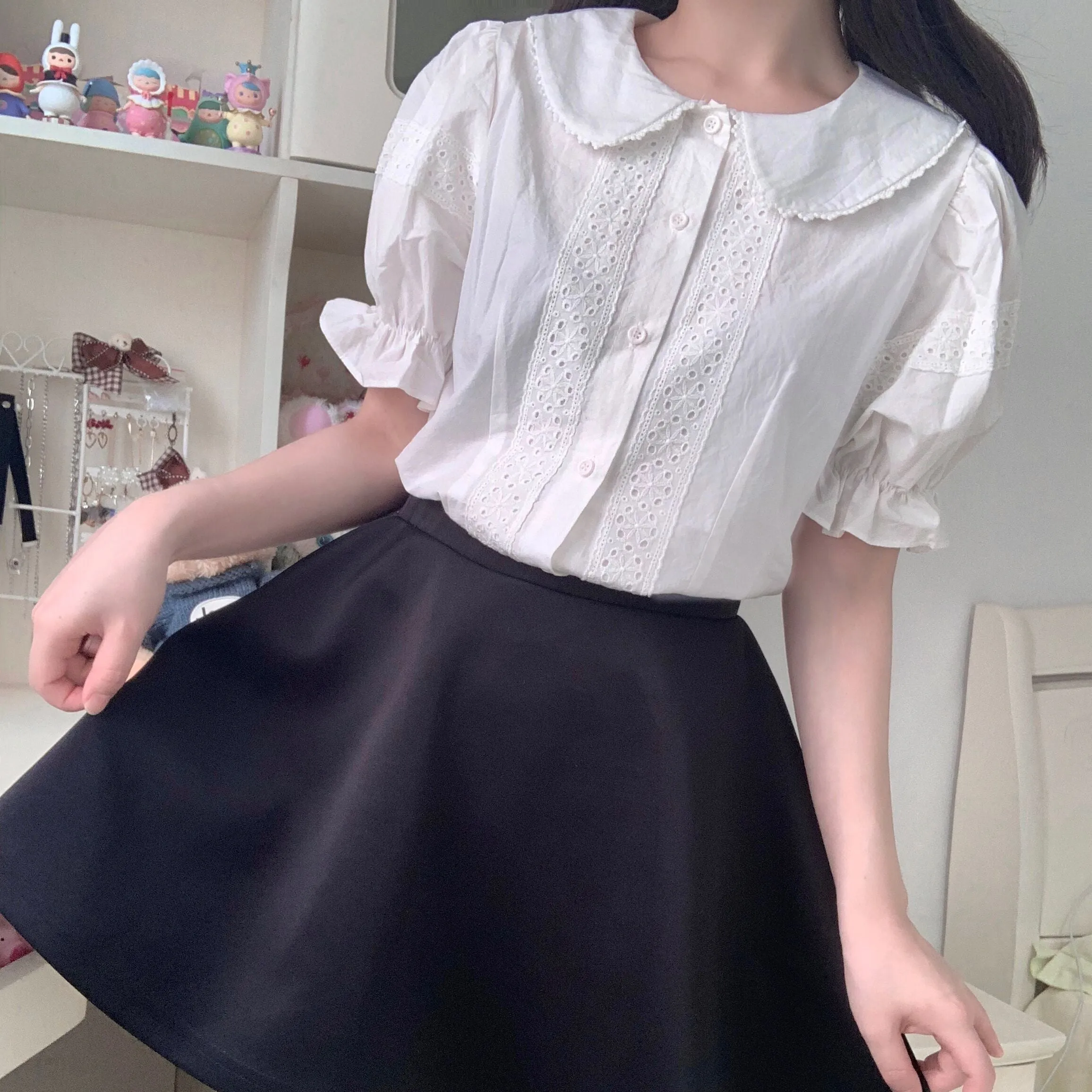 Kawaii Peter Pan Collar Eyelet Short Sleeve Lolita Blouse Shirt