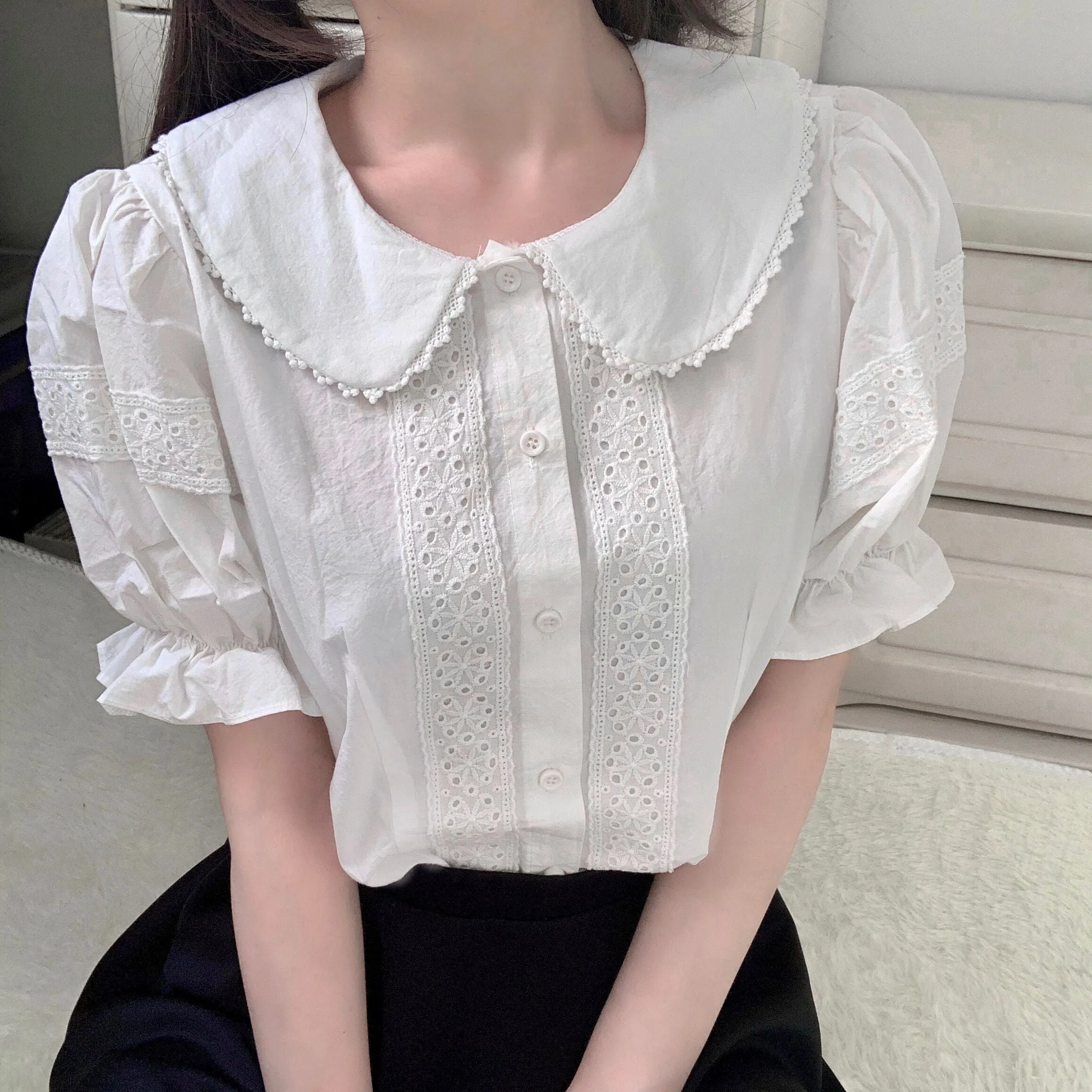 Kawaii Peter Pan Collar Eyelet Short Sleeve Lolita Blouse Shirt