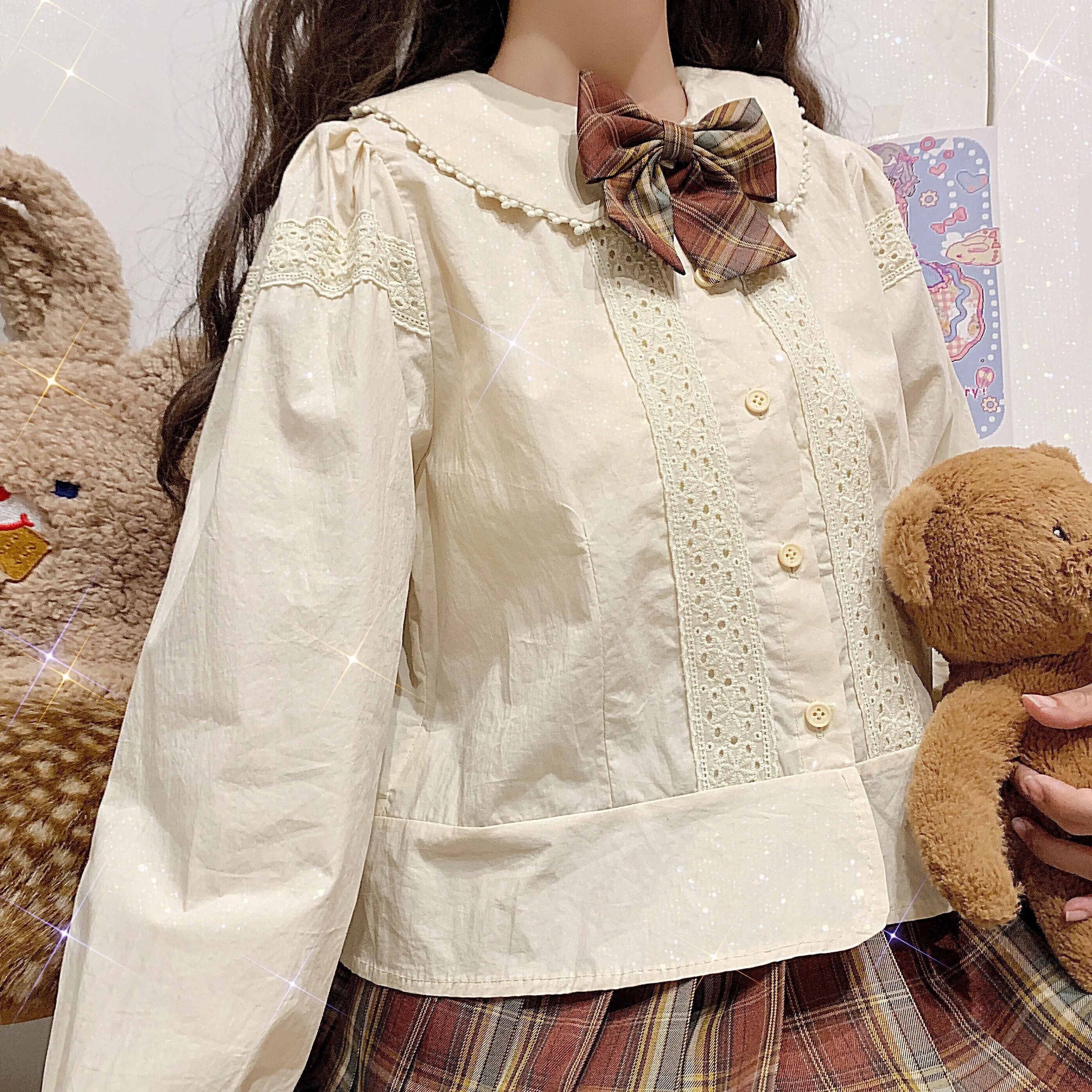 Kawaii Peter Pan Collar Eyelet Short Sleeve Lolita Blouse Shirt