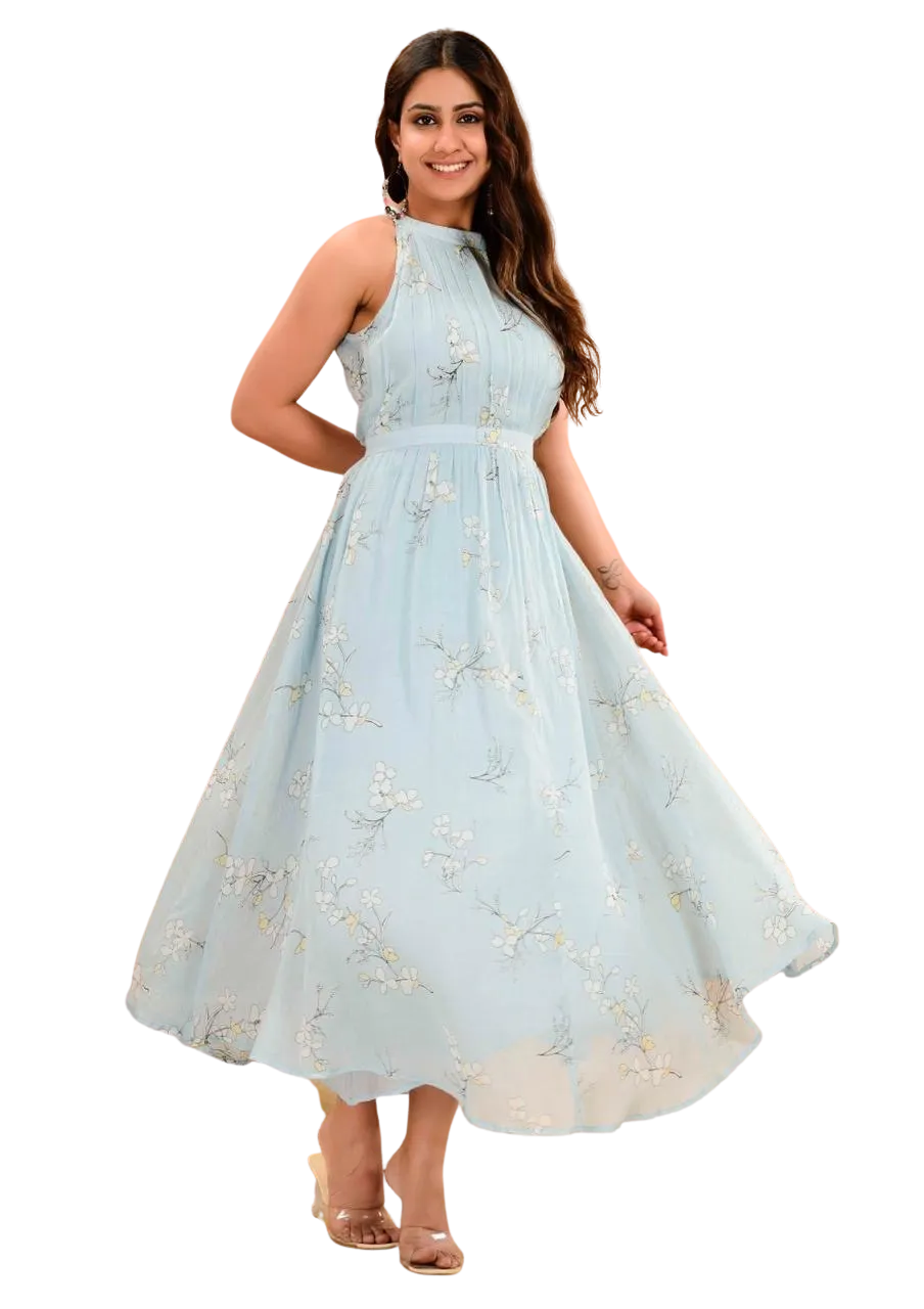 Light Blue cotton Printed Dress