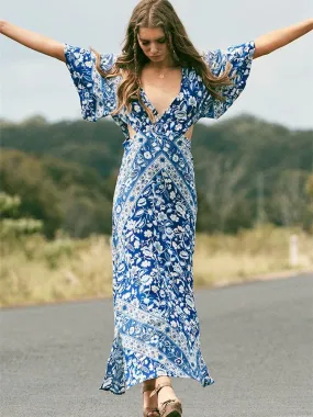 Lolita Bohemian Maxi Dress Flutter Kimono Sleeves In  Bluebelle Blue Floral Long Slits Cutout Sides Backless Available In Sizes Small Medium Or Large