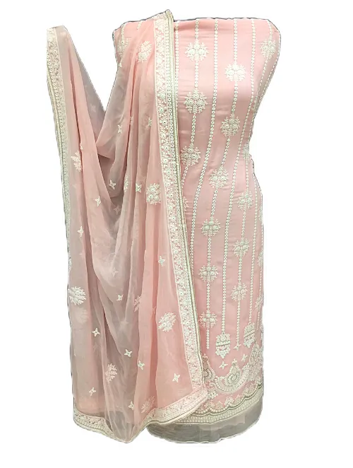 Lucknowi Chikankari Georgette Unstitched Suit with Mirror Work and Dupatta